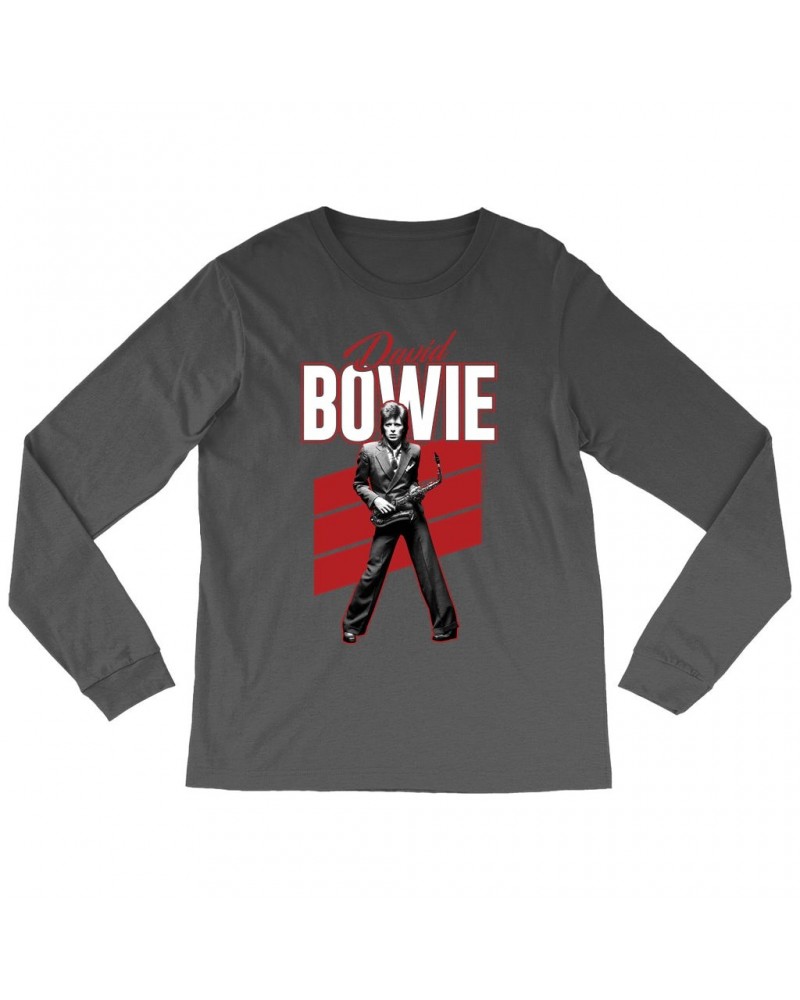 David Bowie Long Sleeve Shirt | Red Bowie WIth Sax Contemporary Image Shirt $14.38 Shirts