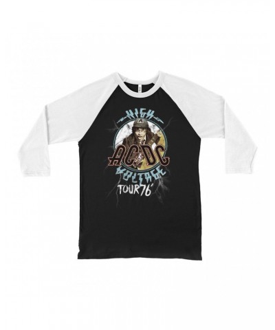 AC/DC 3/4 Sleeve Baseball Tee | High Voltage '76 Tour Angus Young Image Distressed Shirt $11.68 Shirts