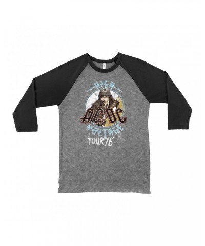 AC/DC 3/4 Sleeve Baseball Tee | High Voltage '76 Tour Angus Young Image Distressed Shirt $11.68 Shirts